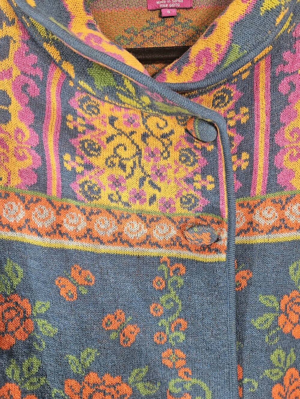 IVKO For Anthropologie Floral Pattern Cardigan Teal Sweater Small Lambswool Fine - Picture 4 of 11